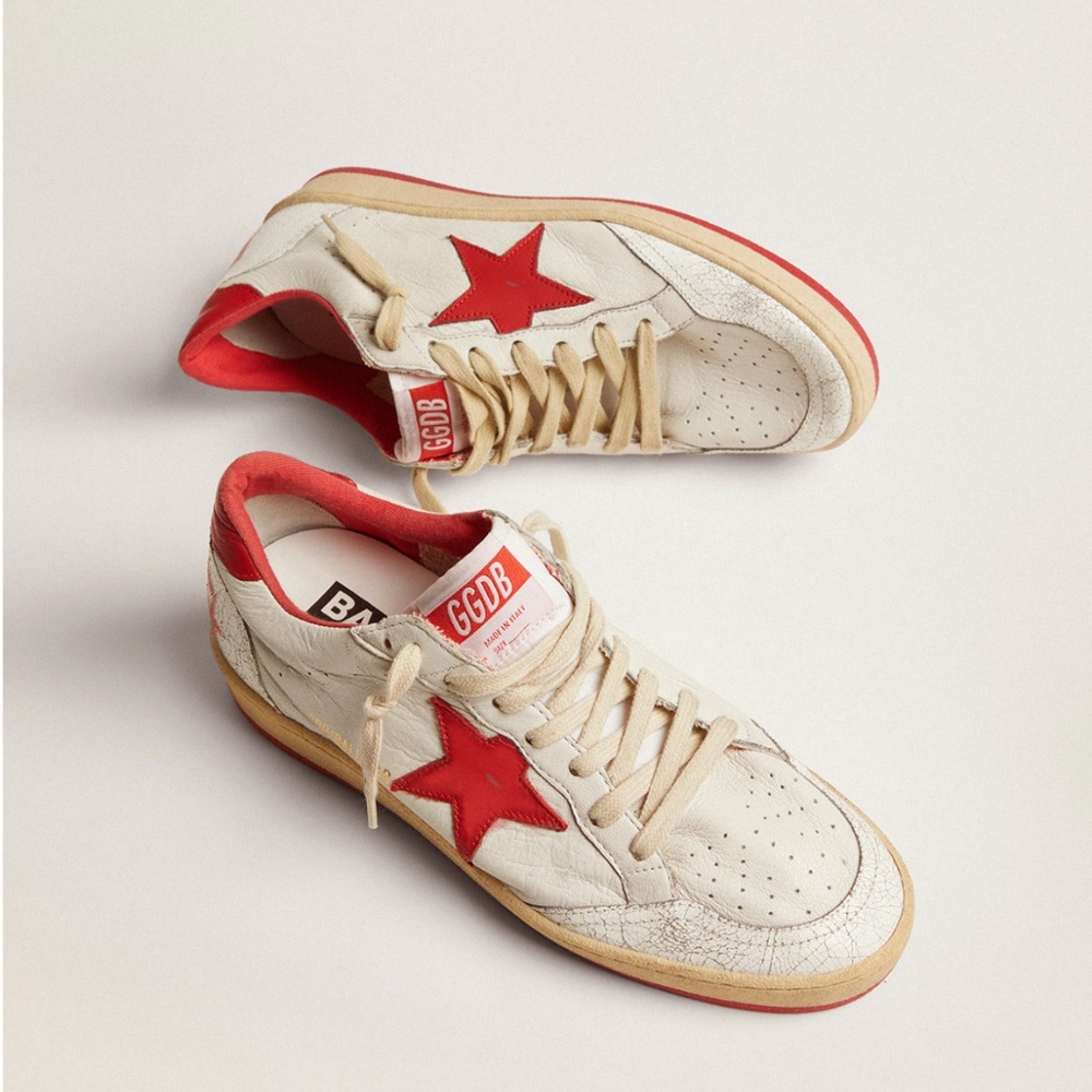 Golden Goose Cream and Red Sneakers